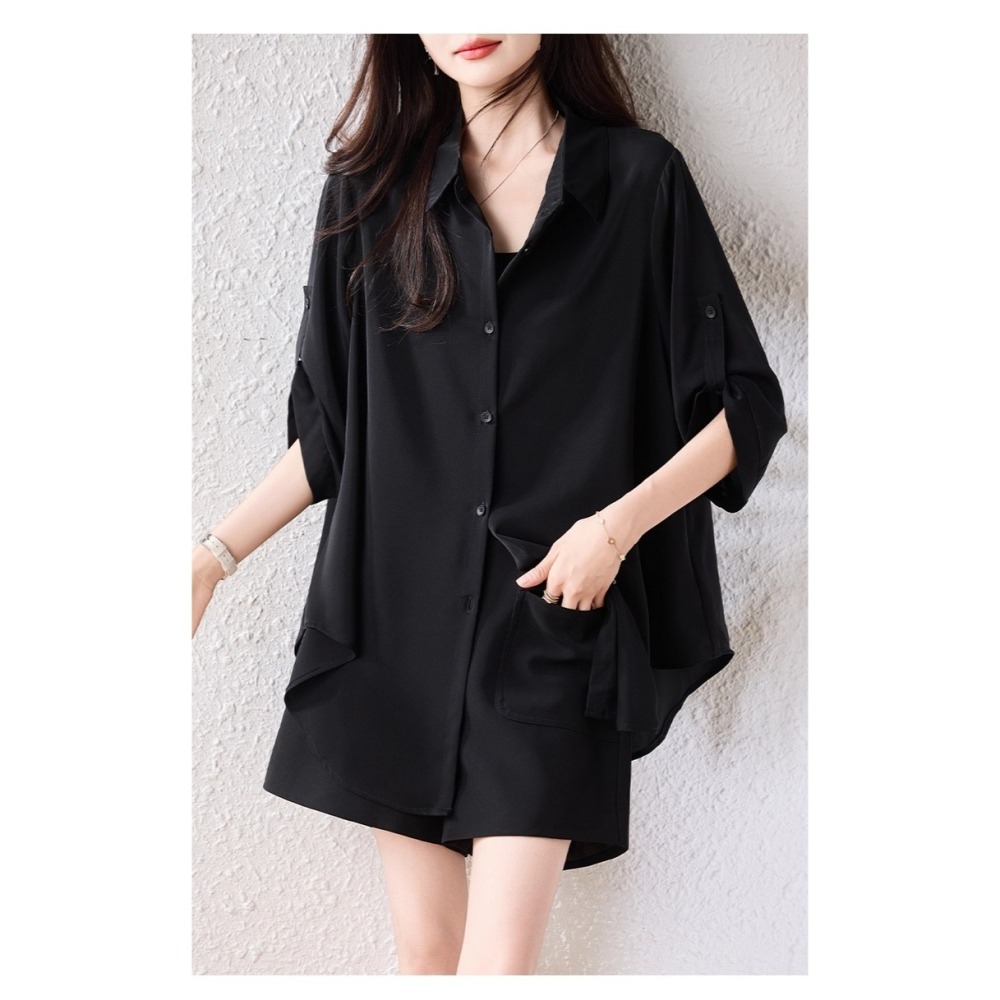 漾貝比【9155609】中大尺碼女裝 反折袖排釦雪紡襯衫．黑(36-50)-細節圖5