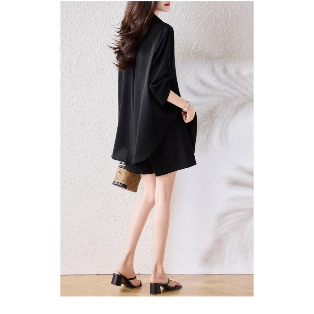 漾貝比【9155609】中大尺碼女裝 反折袖排釦雪紡襯衫．黑(36-50)-細節圖6