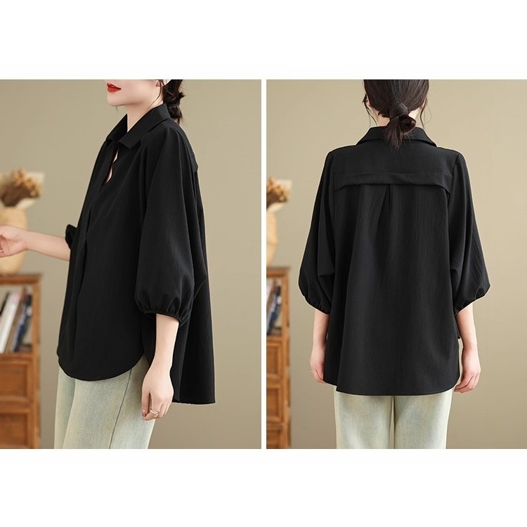 漾貝比【9155613】中大尺碼女裝 簡約小V領縮口五分袖純色上衣．黑/紫(38-46)-細節圖3