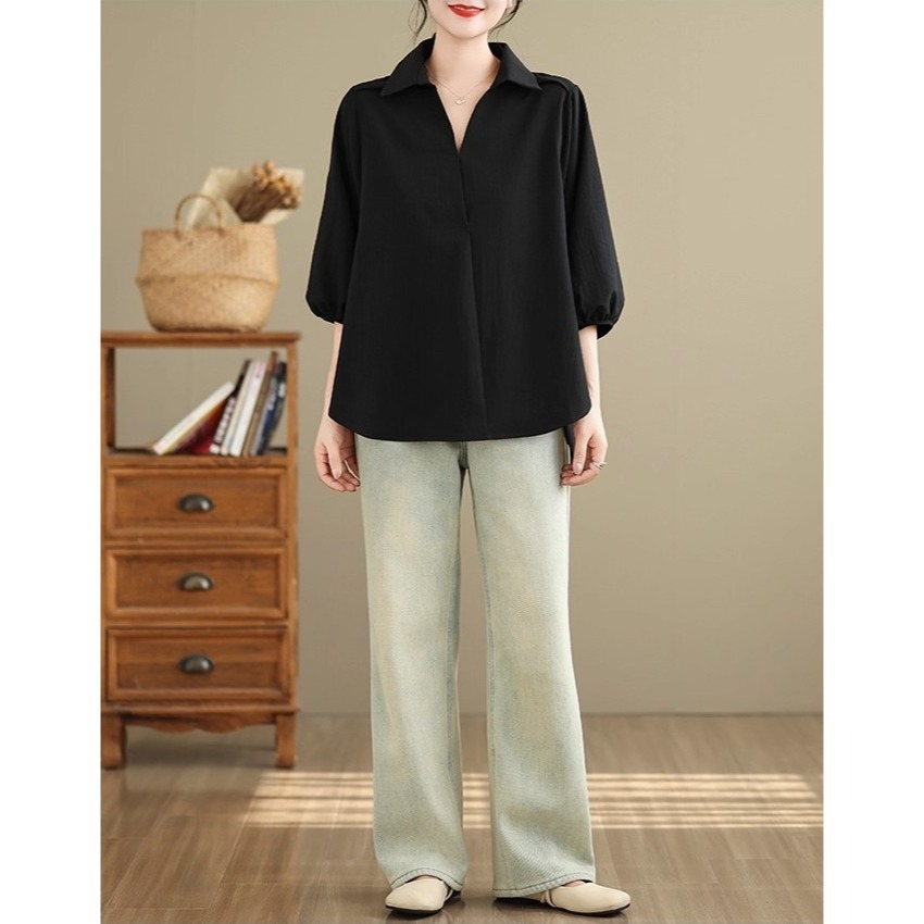 漾貝比【9155613】中大尺碼女裝 簡約小V領縮口五分袖純色上衣．黑/紫(38-46)-細節圖4