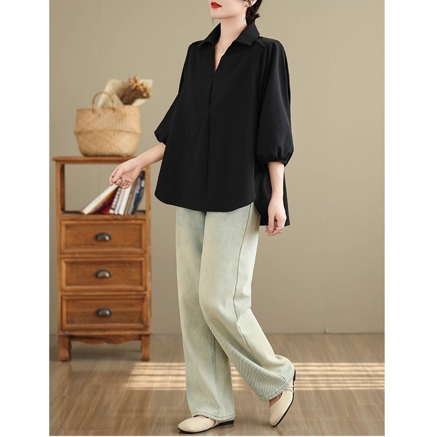 漾貝比【9155613】中大尺碼女裝 簡約小V領縮口五分袖純色上衣．黑/紫(38-46)-細節圖5