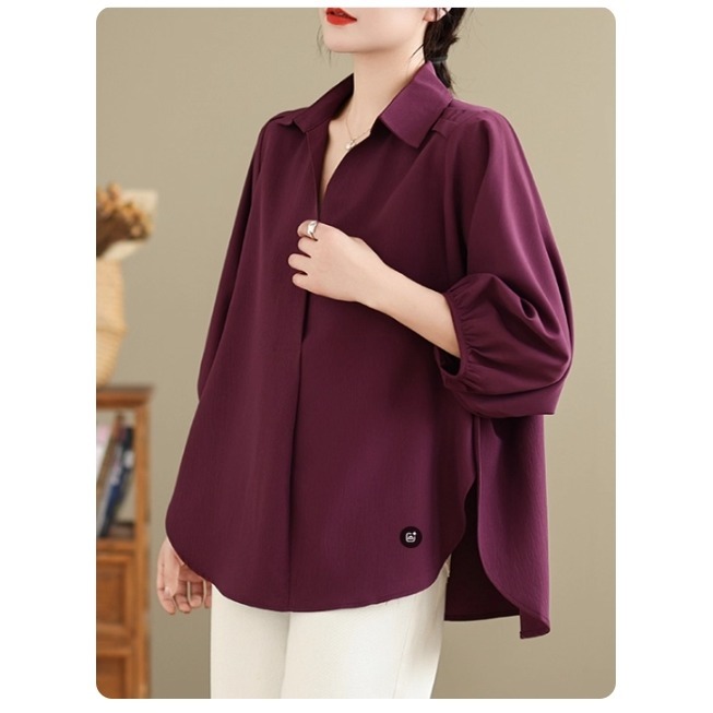 漾貝比【9155613】中大尺碼女裝 簡約小V領縮口五分袖純色上衣．黑/紫(38-46)-細節圖6