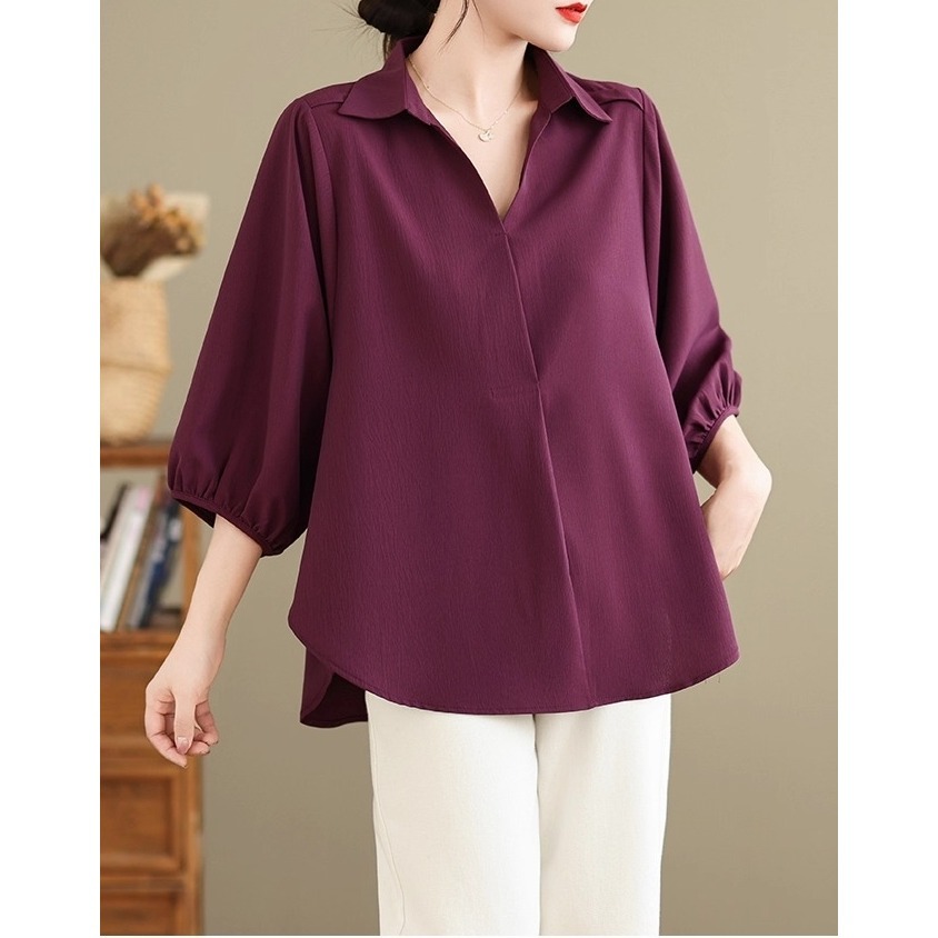 漾貝比【9155613】中大尺碼女裝 簡約小V領縮口五分袖純色上衣．黑/紫(38-46)-細節圖7