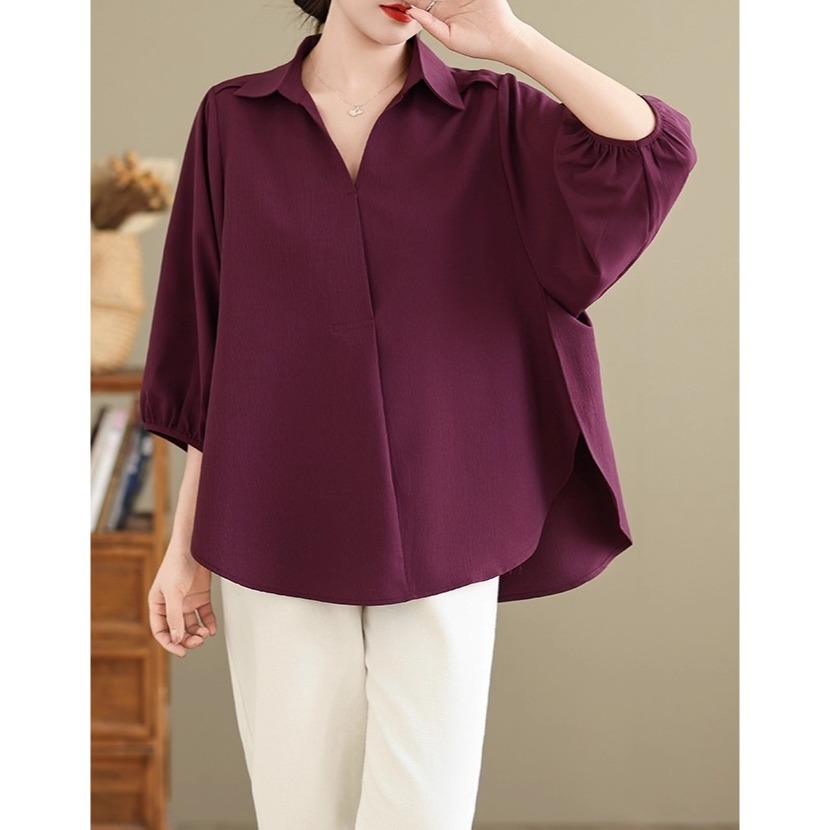 漾貝比【9155613】中大尺碼女裝 簡約小V領縮口五分袖純色上衣．黑/紫(38-46)-細節圖8