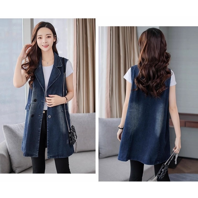 漾貝比【9155621】中大尺碼女裝 個性款西裝領大釦牛仔中長版背心(36-47)-細節圖4