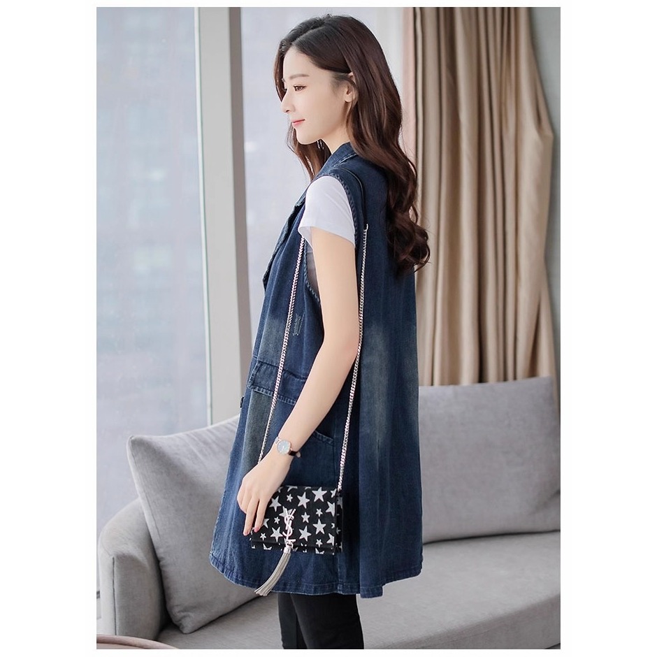 漾貝比【9155621】中大尺碼女裝 個性款西裝領大釦牛仔中長版背心(36-47)-細節圖6