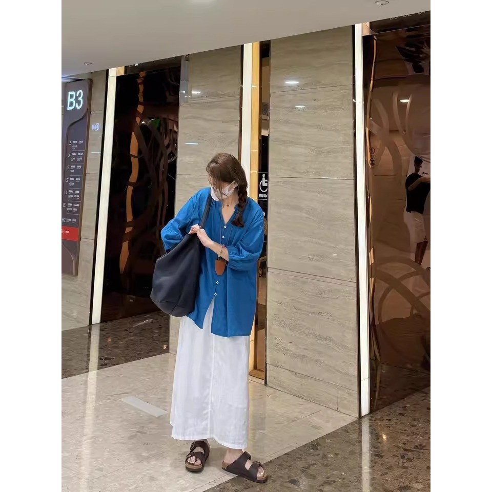 漾貝比【9155623】中大尺碼女裝 小立領排釦拼接袖藍綠色襯衫(38-48)-細節圖3
