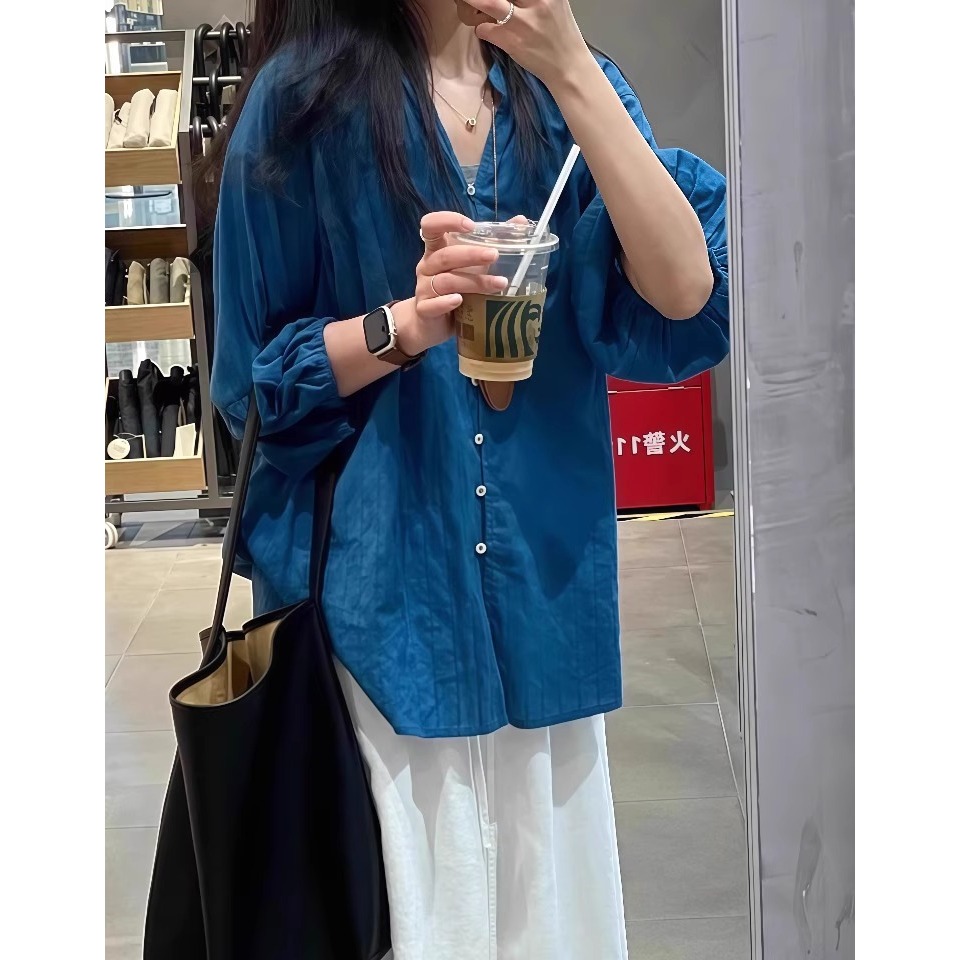 漾貝比【9155623】中大尺碼女裝 小立領排釦拼接袖藍綠色襯衫(38-48)-細節圖5
