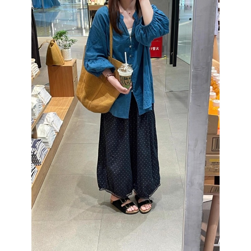 漾貝比【9155623】中大尺碼女裝 小立領排釦拼接袖藍綠色襯衫(38-48)-細節圖7