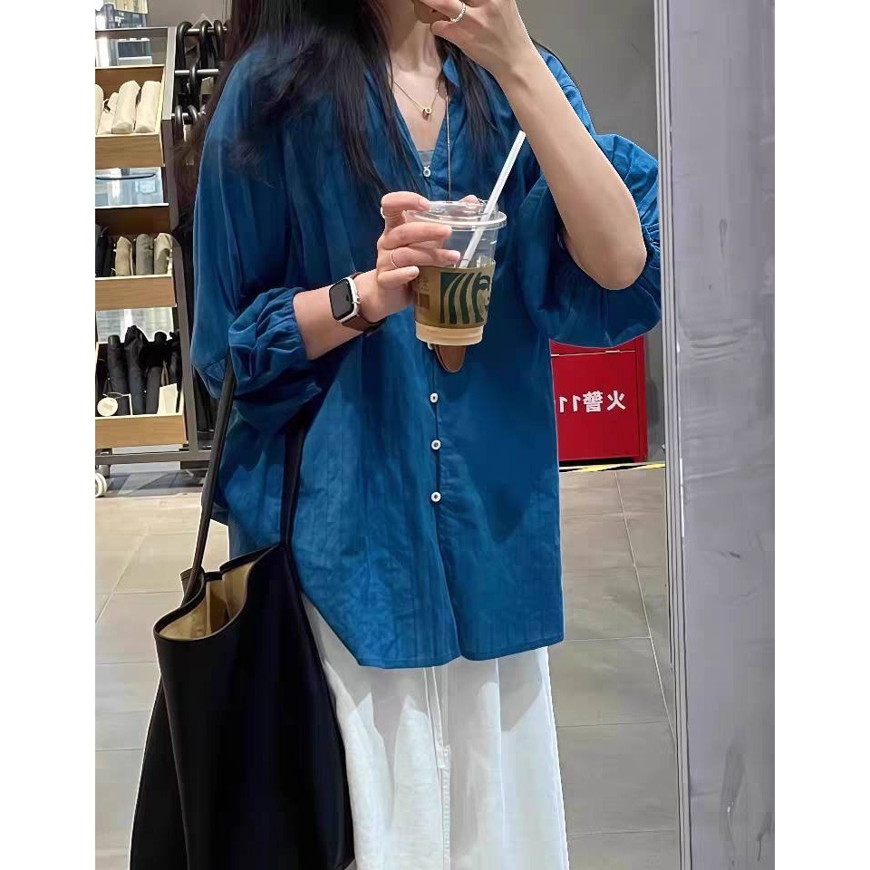 漾貝比【9155623】中大尺碼女裝 小立領排釦拼接袖藍綠色襯衫(38-48)-細節圖8