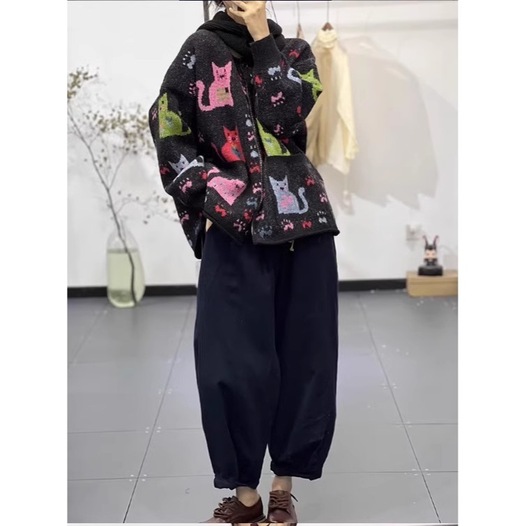 漾貝比【9155627】中大尺碼女裝 森林系小貓咪開襟毛衣外套(38-48)-細節圖3