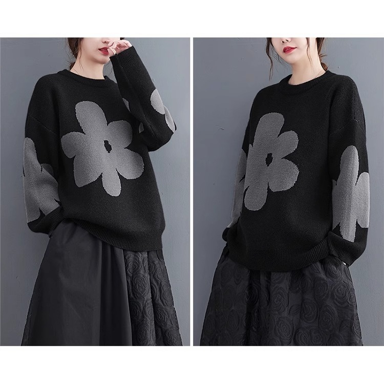 漾貝比【9155628】中大尺碼女裝 高質感圓領撞色花朵保暖針織毛衣．共2色(36-46)-細節圖5