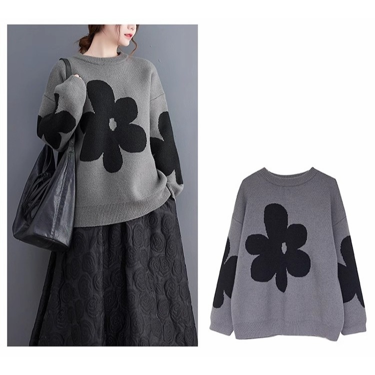 漾貝比【9155628】中大尺碼女裝 高質感圓領撞色花朵保暖針織毛衣．共2色(36-46)-細節圖7