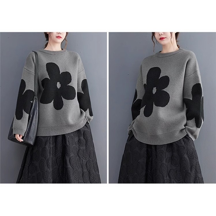 漾貝比【9155628】中大尺碼女裝 高質感圓領撞色花朵保暖針織毛衣．共2色(36-46)-細節圖10