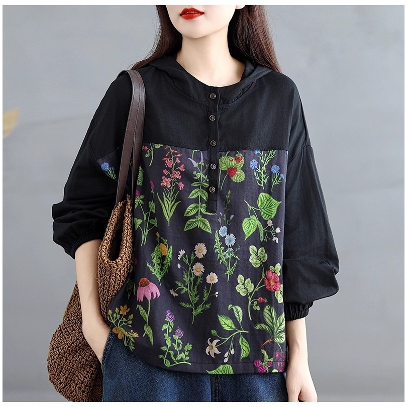 漾貝比【9155631】中大尺碼女裝 上下拼接花布連帽開釦棉紗上衣．共2色(38-48)-規格圖10