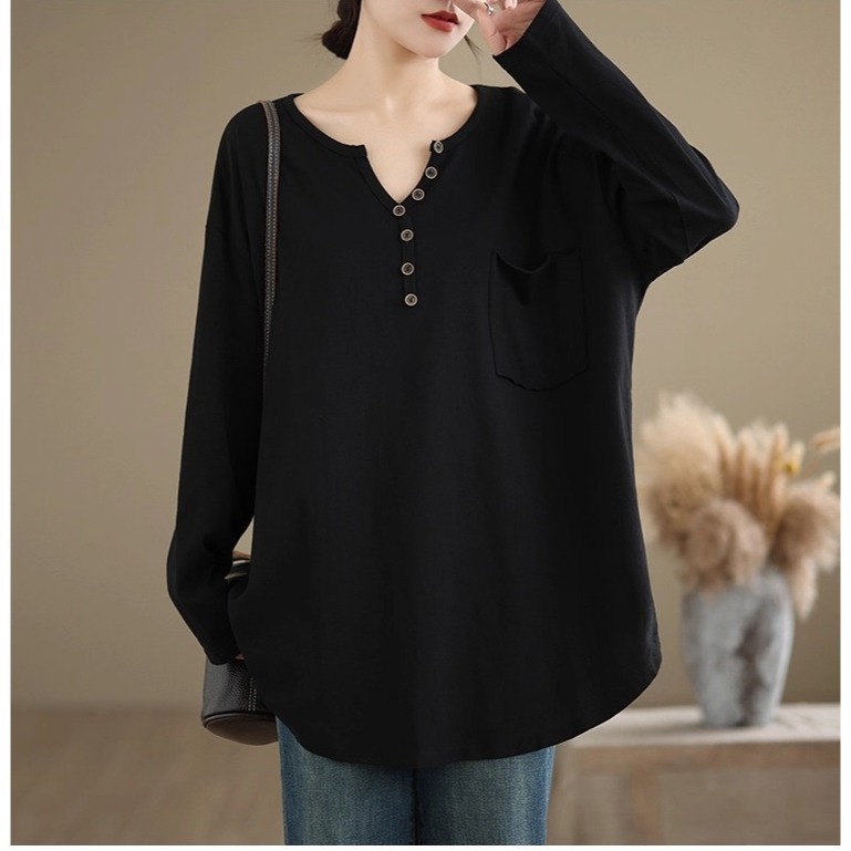 漾貝比【9155640】中大尺碼女裝 純色小V領排釦中長版長袖T．共2色(38-48)-細節圖2