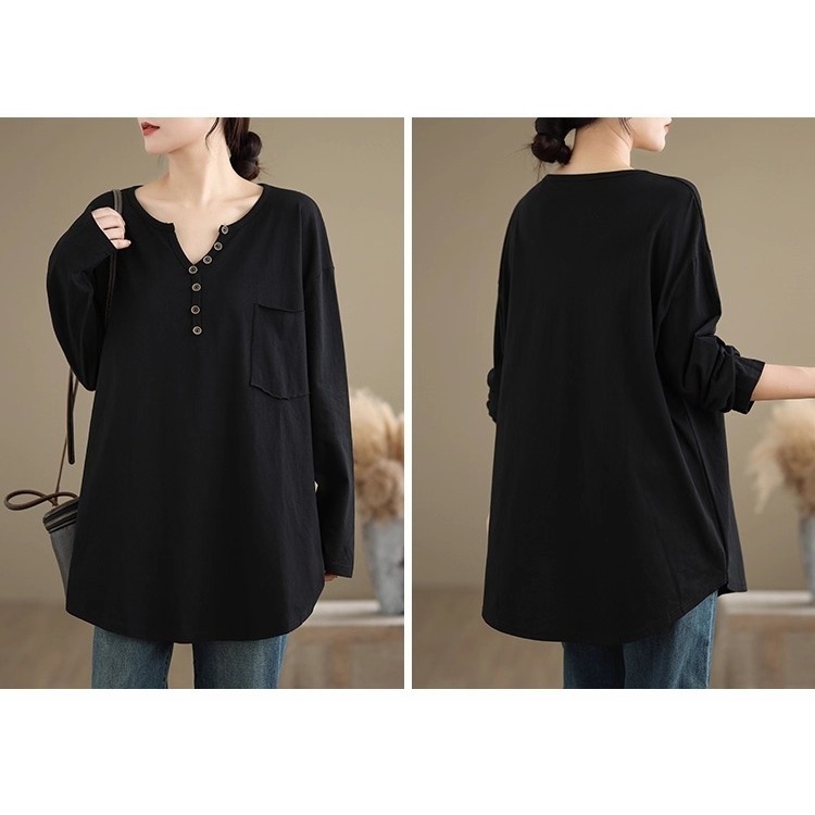 漾貝比【9155640】中大尺碼女裝 純色小V領排釦中長版長袖T．共2色(38-48)-細節圖3