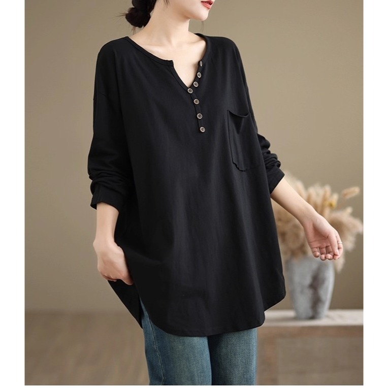 漾貝比【9155640】中大尺碼女裝 純色小V領排釦中長版長袖T．共2色(38-48)-細節圖4