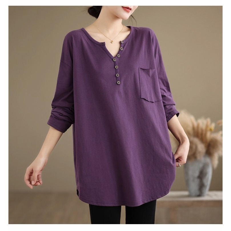 漾貝比【9155640】中大尺碼女裝 純色小V領排釦中長版長袖T．共2色(38-48)-細節圖6