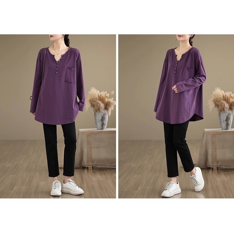 漾貝比【9155640】中大尺碼女裝 純色小V領排釦中長版長袖T．共2色(38-48)-細節圖7