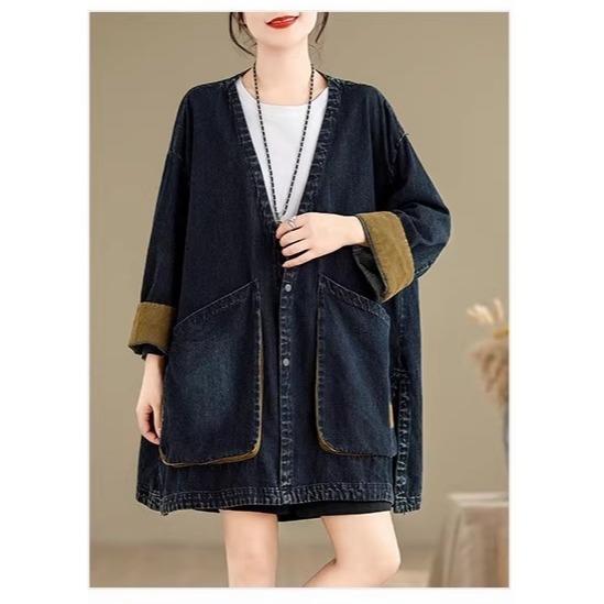 漾貝比【9155650】中大尺碼女裝 復古大V領撞色翻袖休閒牛仔外套(38-58)-細節圖2