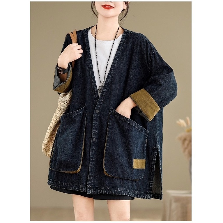 漾貝比【9155650】中大尺碼女裝 復古大V領撞色翻袖休閒牛仔外套(38-58)-細節圖4