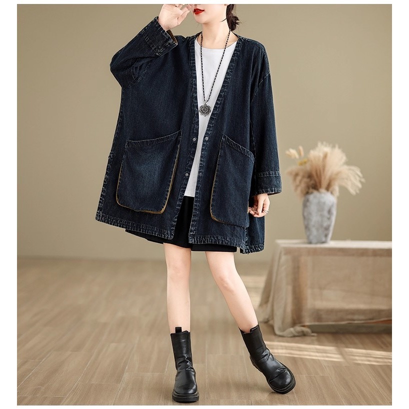 漾貝比【9155650】中大尺碼女裝 復古大V領撞色翻袖休閒牛仔外套(38-58)-細節圖5