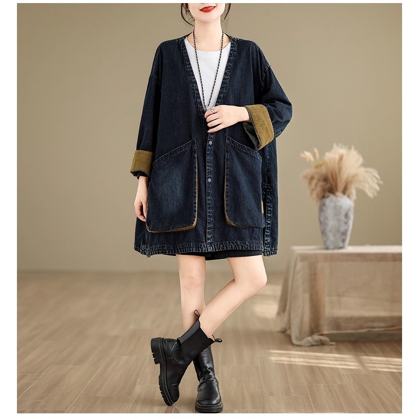 漾貝比【9155650】中大尺碼女裝 復古大V領撞色翻袖休閒牛仔外套(38-58)-細節圖6