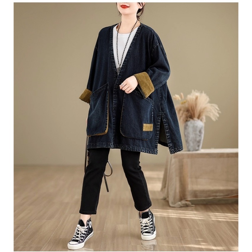 漾貝比【9155650】中大尺碼女裝 復古大V領撞色翻袖休閒牛仔外套(38-58)-細節圖7