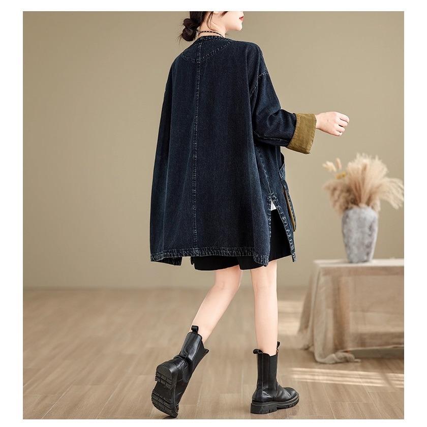 漾貝比【9155650】中大尺碼女裝 復古大V領撞色翻袖休閒牛仔外套(38-58)-細節圖8