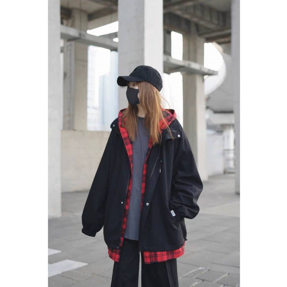 漾貝比【9155673】中大尺碼女裝 日系黑紅撞色格紋連帽衝鋒外套(36-53)-細節圖6