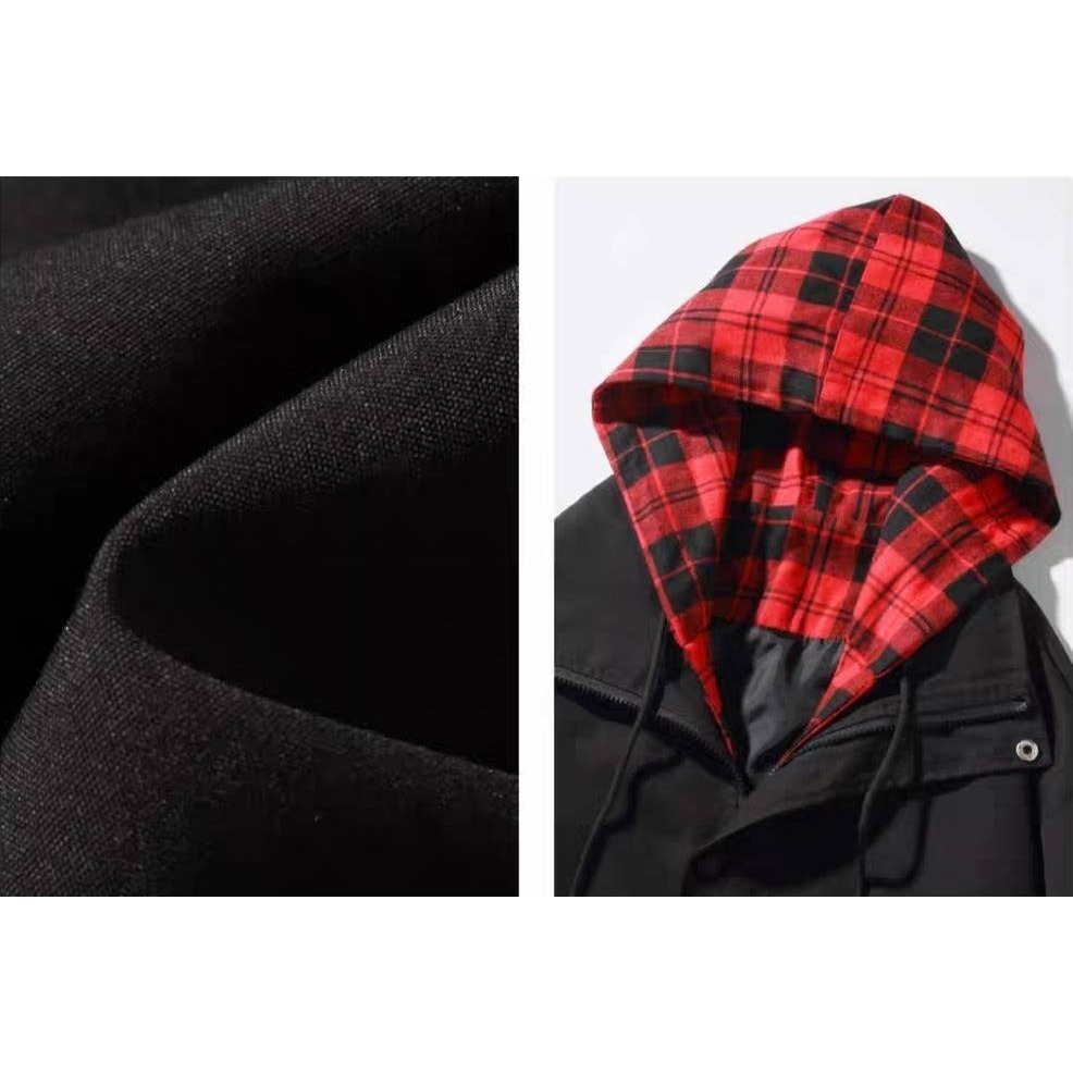 漾貝比【9155673】中大尺碼女裝 日系黑紅撞色格紋連帽衝鋒外套(36-53)-細節圖7