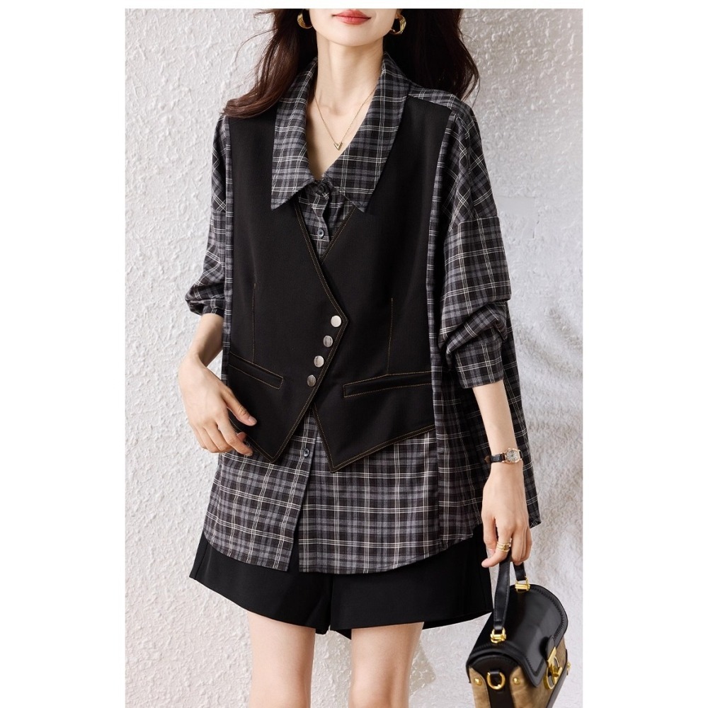 漾貝比【9155682】中大尺碼女裝 黑白格紋襯衫假兩件式上衣 (36-51)-細節圖2