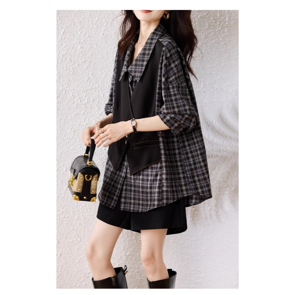 漾貝比【9155682】中大尺碼女裝 黑白格紋襯衫假兩件式上衣 (36-51)-細節圖3