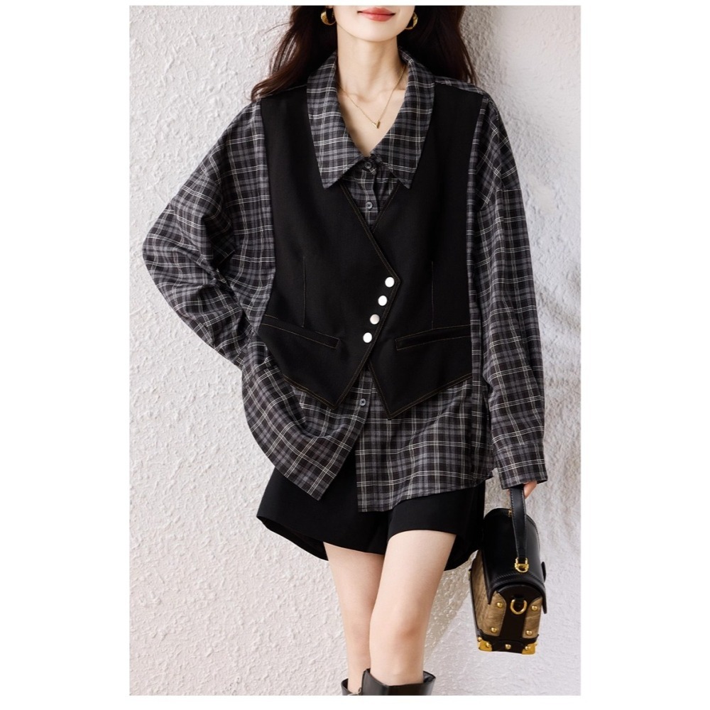 漾貝比【9155682】中大尺碼女裝 黑白格紋襯衫假兩件式上衣 (36-51)-細節圖4