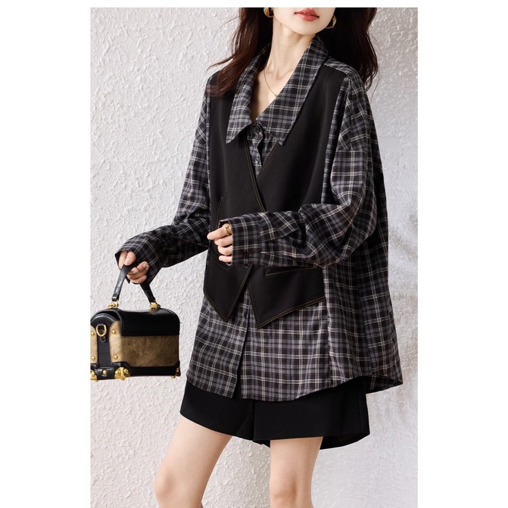 漾貝比【9155682】中大尺碼女裝 黑白格紋襯衫假兩件式上衣 (36-51)-細節圖5