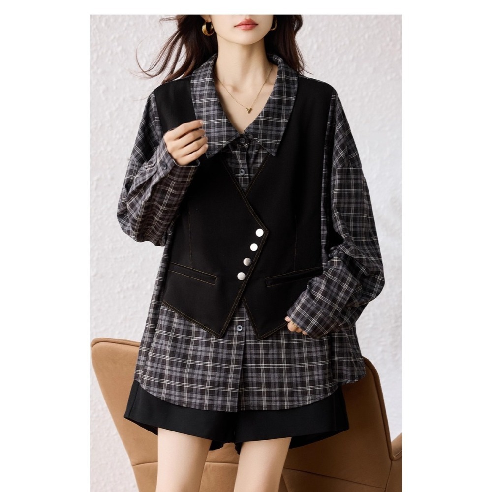 漾貝比【9155682】中大尺碼女裝 黑白格紋襯衫假兩件式上衣 (36-51)-細節圖6