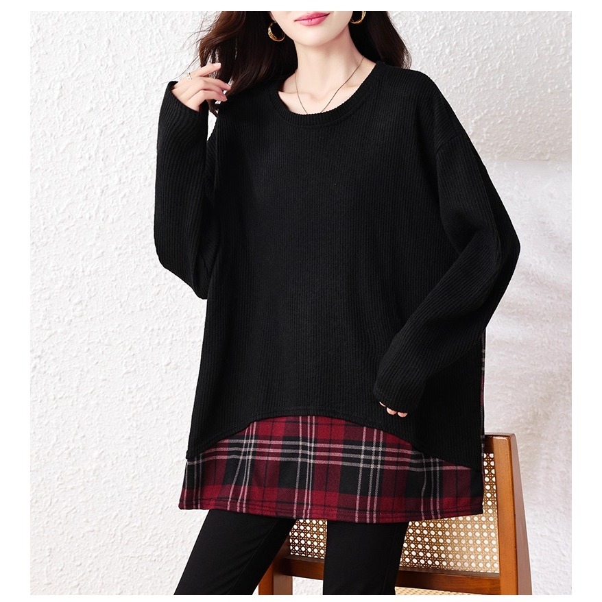 漾貝比【9155690】中大尺碼女裝 圓領黑T拼接格紋下襬假兩件式上衣 (36-49)-細節圖3