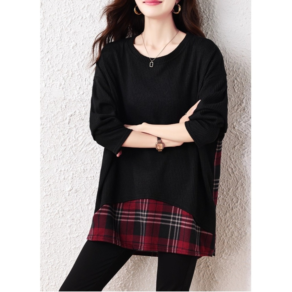 漾貝比【9155690】中大尺碼女裝 圓領黑T拼接格紋下襬假兩件式上衣 (36-49)-細節圖6
