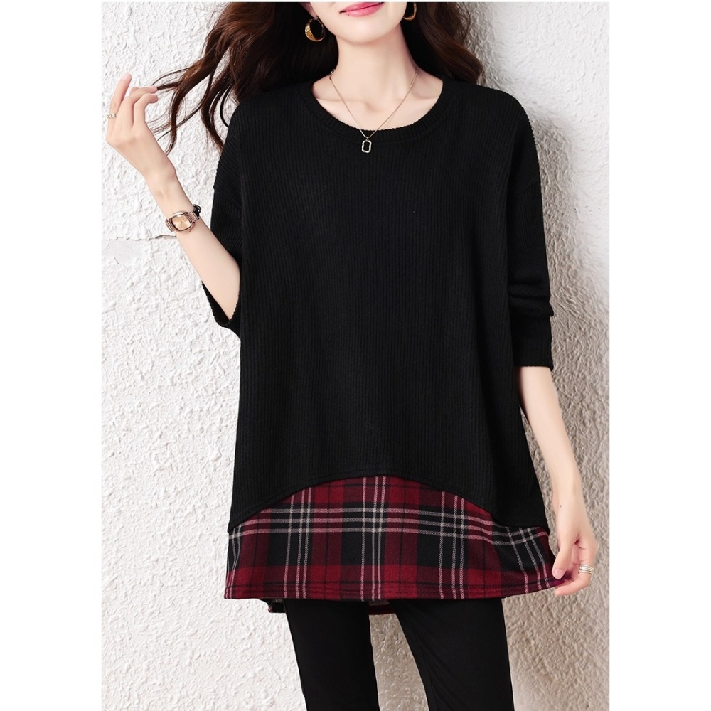 漾貝比【9155690】中大尺碼女裝 圓領黑T拼接格紋下襬假兩件式上衣 (36-49)-細節圖7