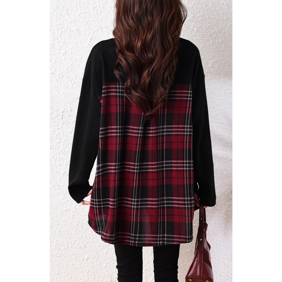 漾貝比【9155690】中大尺碼女裝 圓領黑T拼接格紋下襬假兩件式上衣 (36-49)-細節圖8