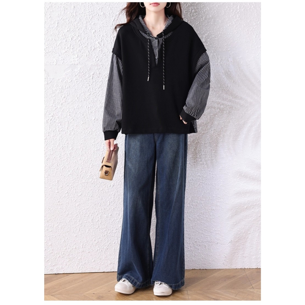 漾貝比【9155699】中大尺碼女裝 黑白格紋拼接假兩件式連帽上衣 (36-49)-細節圖2