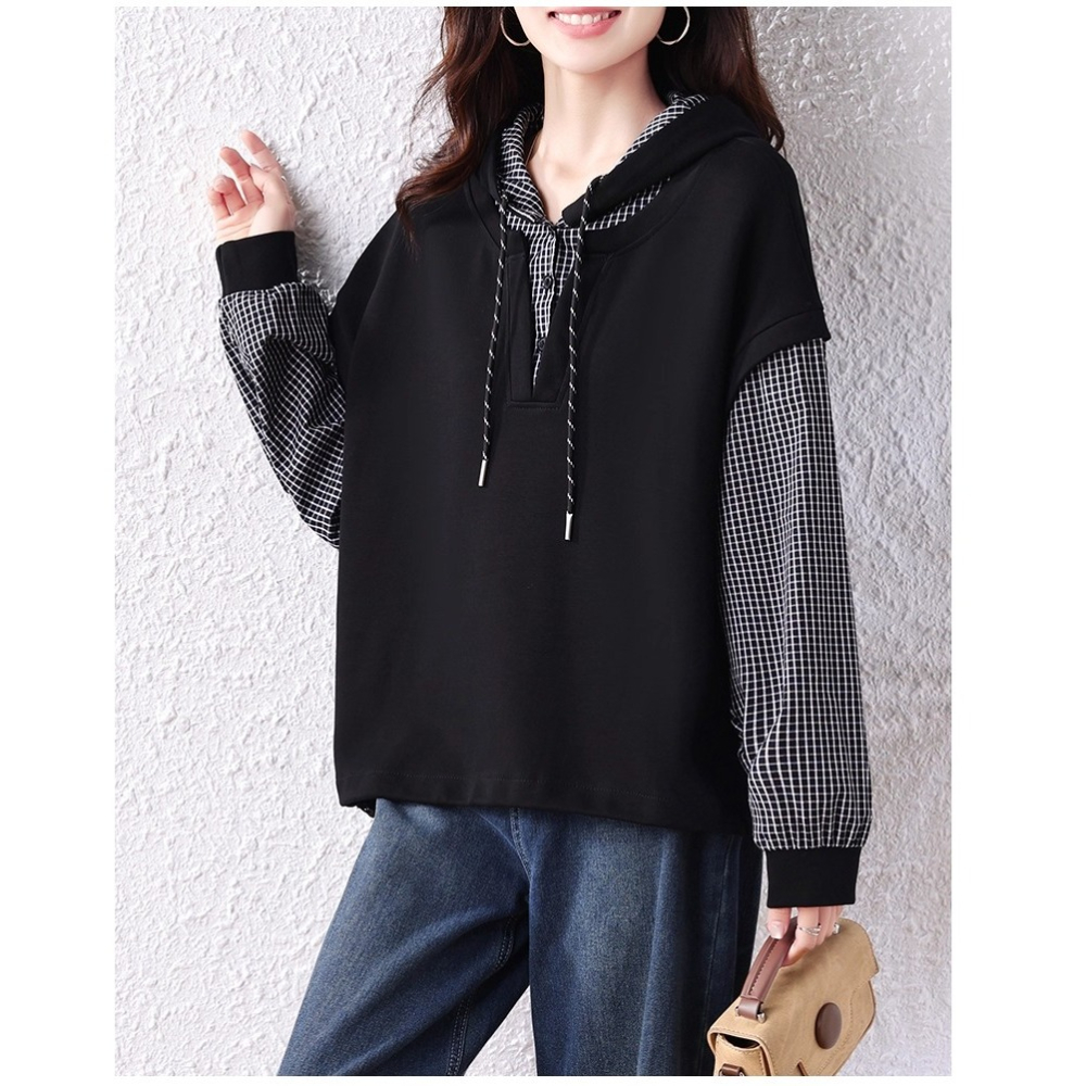 漾貝比【9155699】中大尺碼女裝 黑白格紋拼接假兩件式連帽上衣 (36-49)-細節圖3