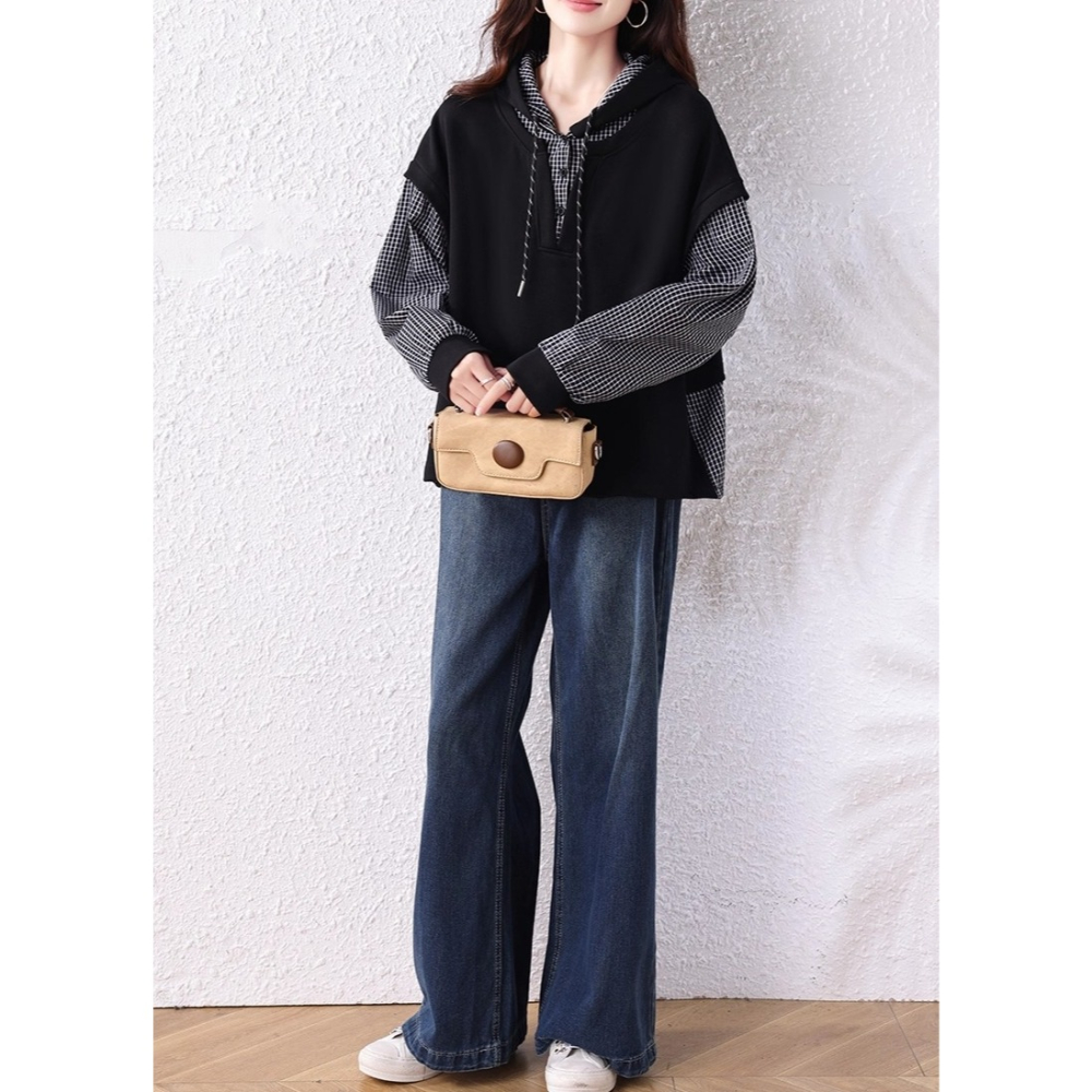 漾貝比【9155699】中大尺碼女裝 黑白格紋拼接假兩件式連帽上衣 (36-49)-細節圖4