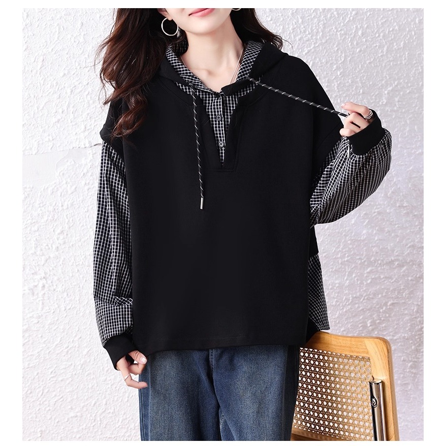 漾貝比【9155699】中大尺碼女裝 黑白格紋拼接假兩件式連帽上衣 (36-49)-細節圖5