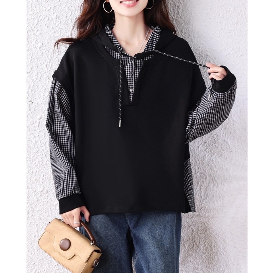 漾貝比【9155699】中大尺碼女裝 黑白格紋拼接假兩件式連帽上衣 (36-49)-細節圖6