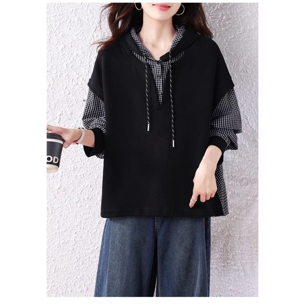 漾貝比【9155699】中大尺碼女裝 黑白格紋拼接假兩件式連帽上衣 (36-49)-細節圖7