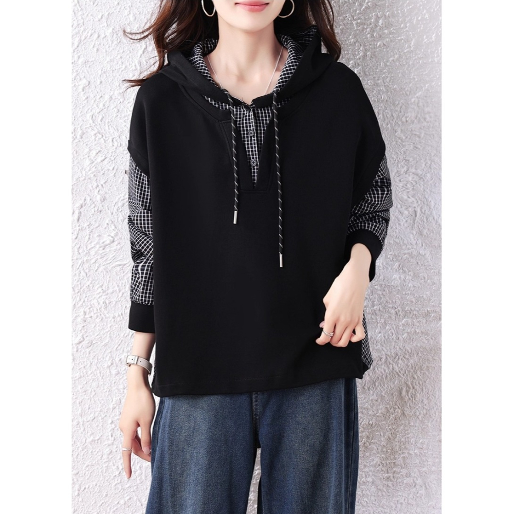 漾貝比【9155699】中大尺碼女裝 黑白格紋拼接假兩件式連帽上衣 (36-49)-細節圖8