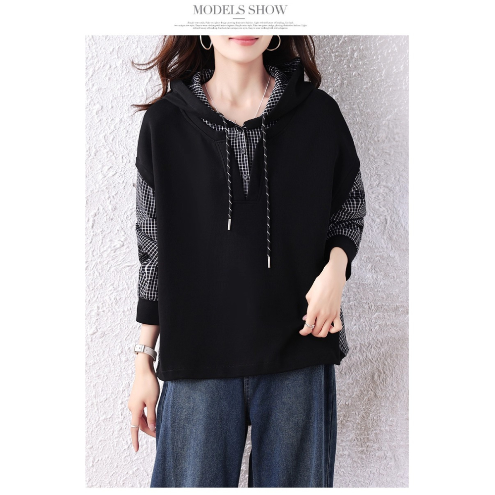 漾貝比【9155699】中大尺碼女裝 黑白格紋拼接假兩件式連帽上衣 (36-49)-細節圖9