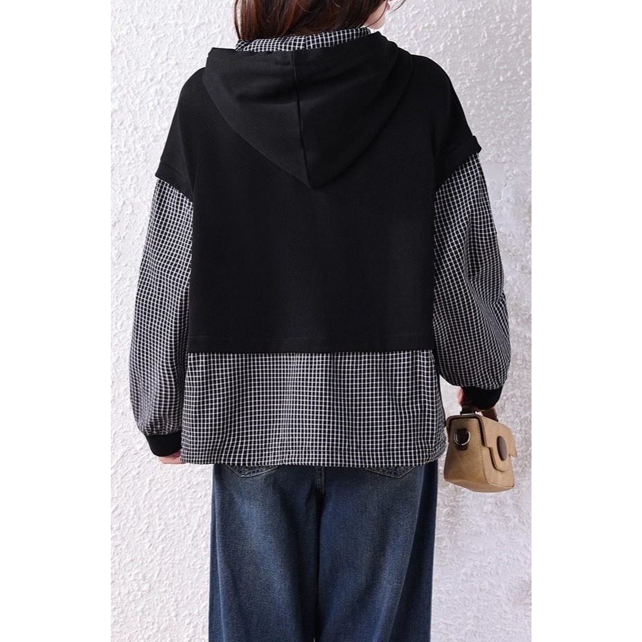 漾貝比【9155699】中大尺碼女裝 黑白格紋拼接假兩件式連帽上衣 (36-49)-細節圖10